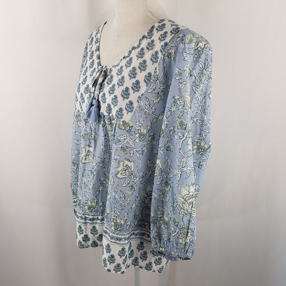 NWT Casa Cabana Blue Floral Tasseled Keyhole Front Tie 3/4 Sleeve Boho Blouse L - Picture 4 of 14